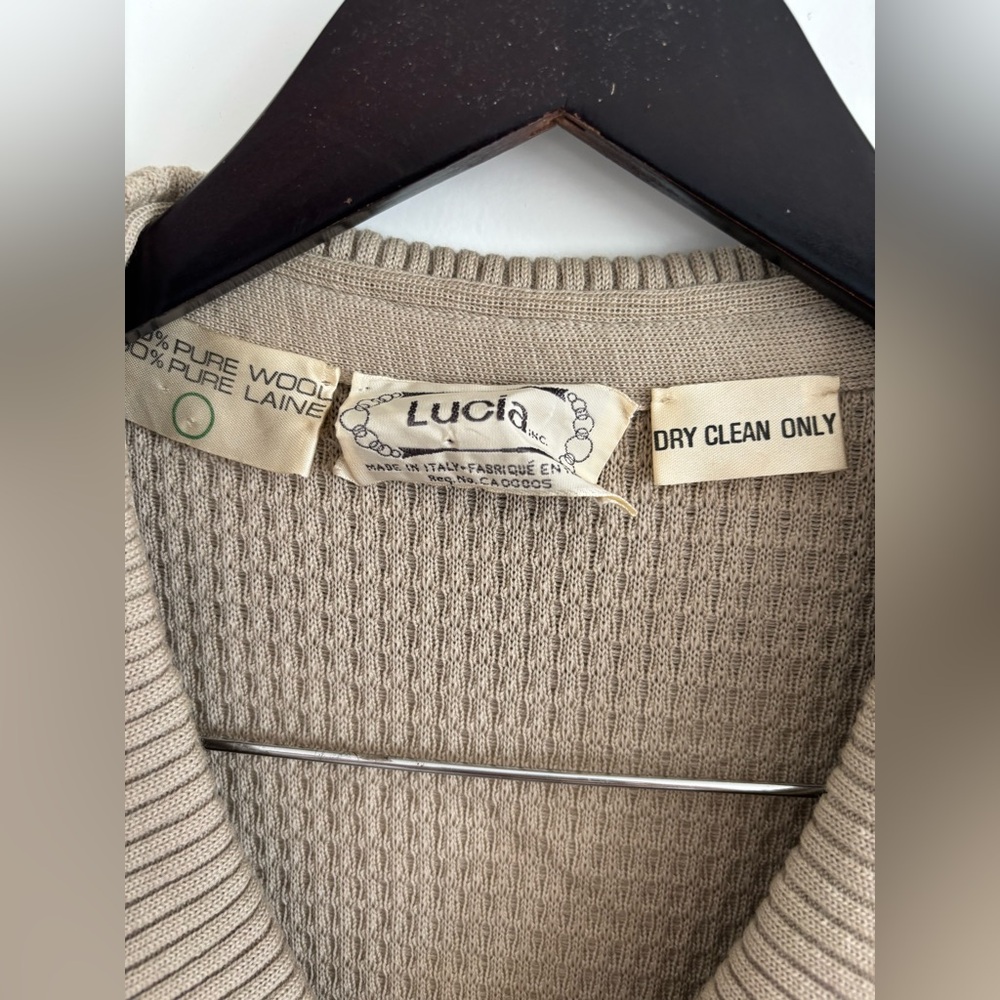 Vintage 100% Pure Wool Midi Dress Bib Collar Neutral French Sezane Vibes S M - Picture 7 of 7